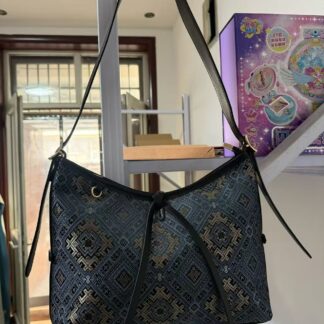 Handcrafted Bohemian Hobo Bag - Dark Blue Aztec Print Canvas Shoulder Bag with Leather Trim & Drawstring