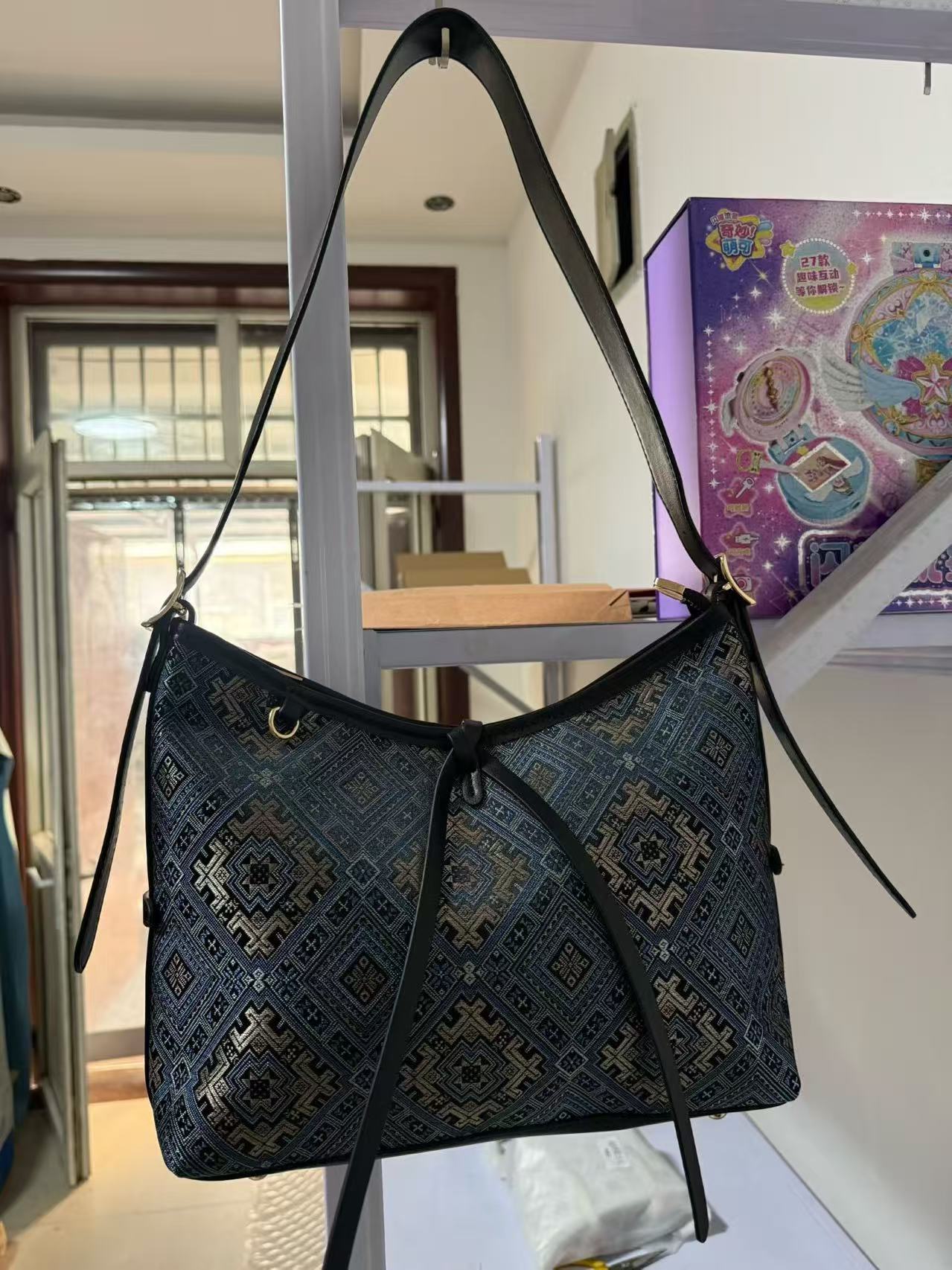 Handcrafted Bohemian Hobo Bag - Dark Blue Aztec Print Canvas Shoulder Bag with Leather Trim & Drawstring